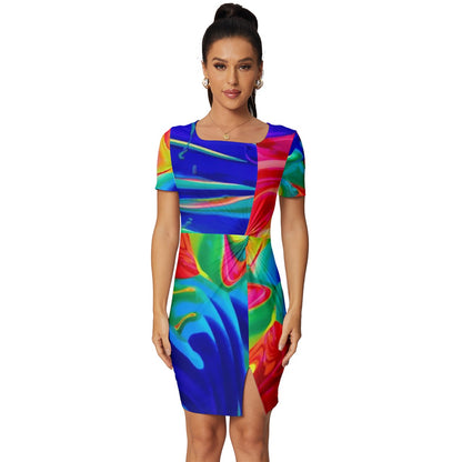 Rainbow Confusion Fitted Knot Split End Bodycon Dress