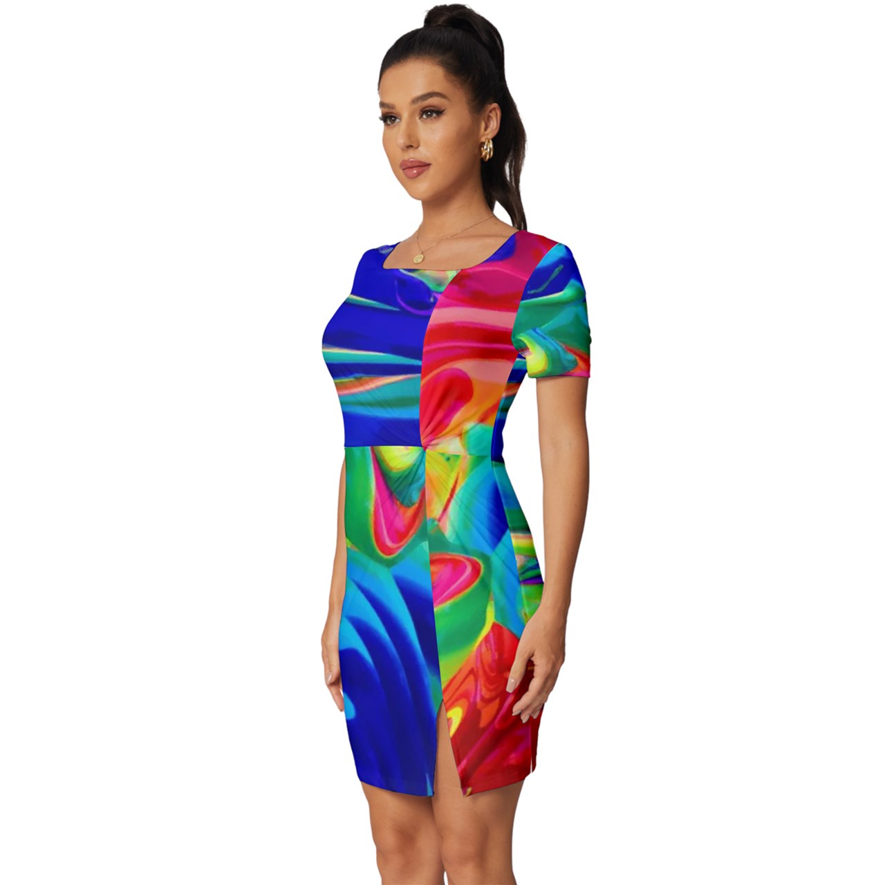 Rainbow Confusion Fitted Knot Split End Bodycon Dress