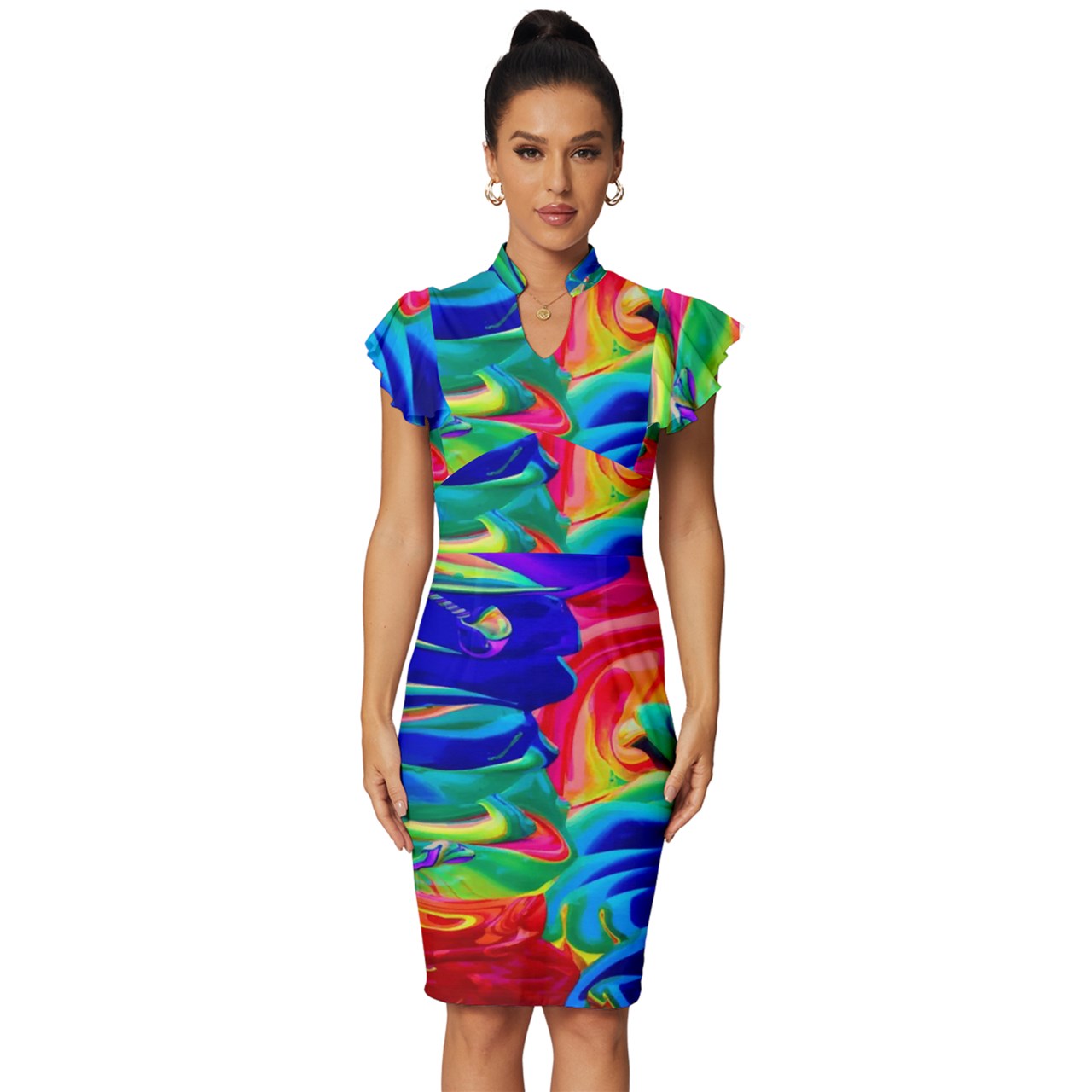 Rainbow Confusion Vintage Frill Sleeve V-Neck Bodycon Dress