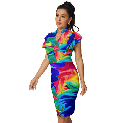 Rainbow Confusion Vintage Frill Sleeve V-Neck Bodycon Dress