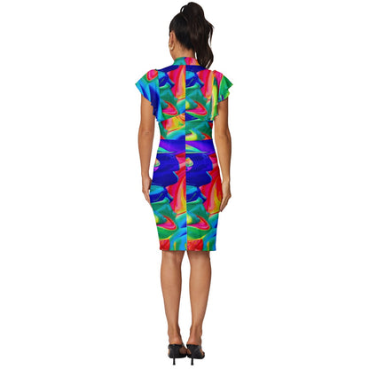 Rainbow Confusion Vintage Frill Sleeve V-Neck Bodycon Dress