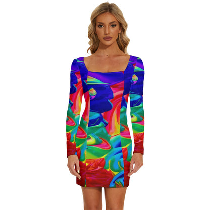 Rainbow Confusion Long Sleeve Square Neck Bodycon Velvet Dress