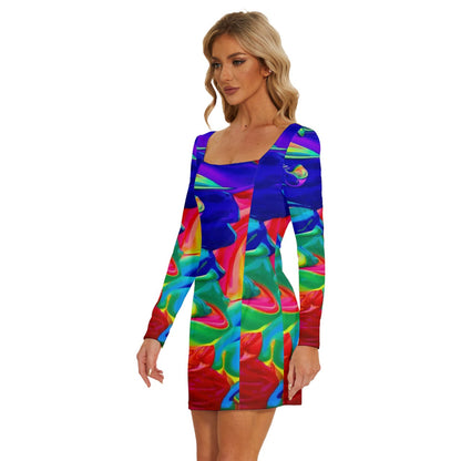 Rainbow Confusion Long Sleeve Square Neck Bodycon Velvet Dress