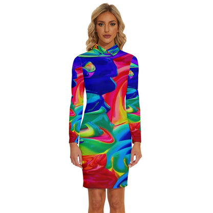 Rainbow Confusion Long Sleeve Shirt Collar Bodycon Dress