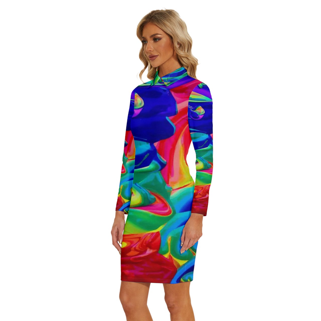 Rainbow Confusion Long Sleeve Shirt Collar Bodycon Dress