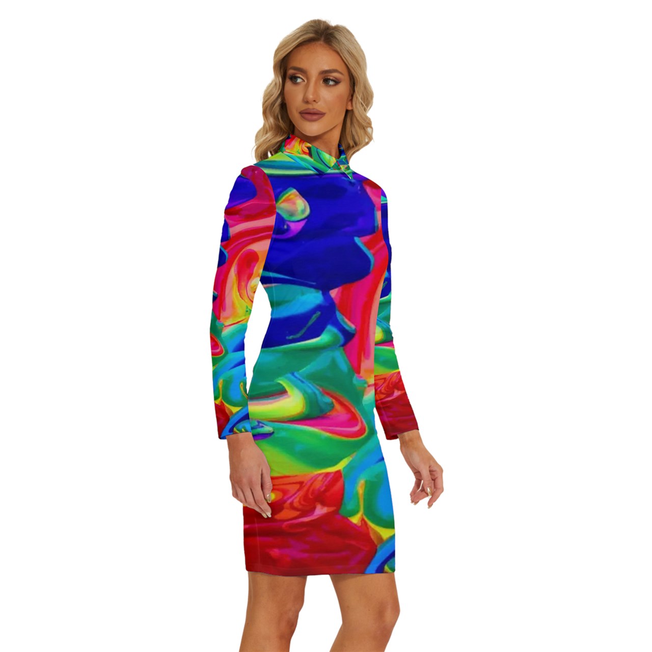 Rainbow Confusion Long Sleeve Shirt Collar Bodycon Dress