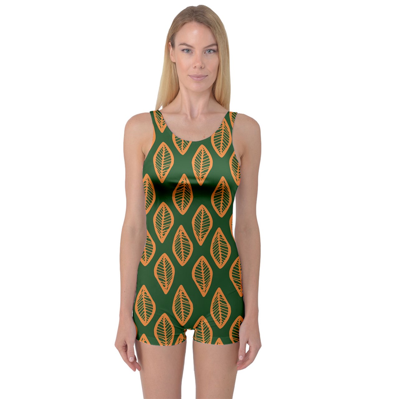 African | Ethnic | Mudcloth | #16 Green and Orange One Piece Boyleg Swimsuit