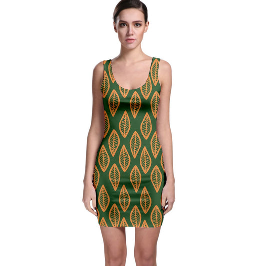 African | Ethnic | Mudcloth | #16 Green and Orange Bodycon Dress