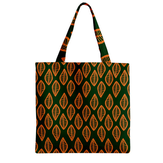 African | Ethnic | Mudcloth | #16 Green and Orange Zipper Grocery Tote Bag