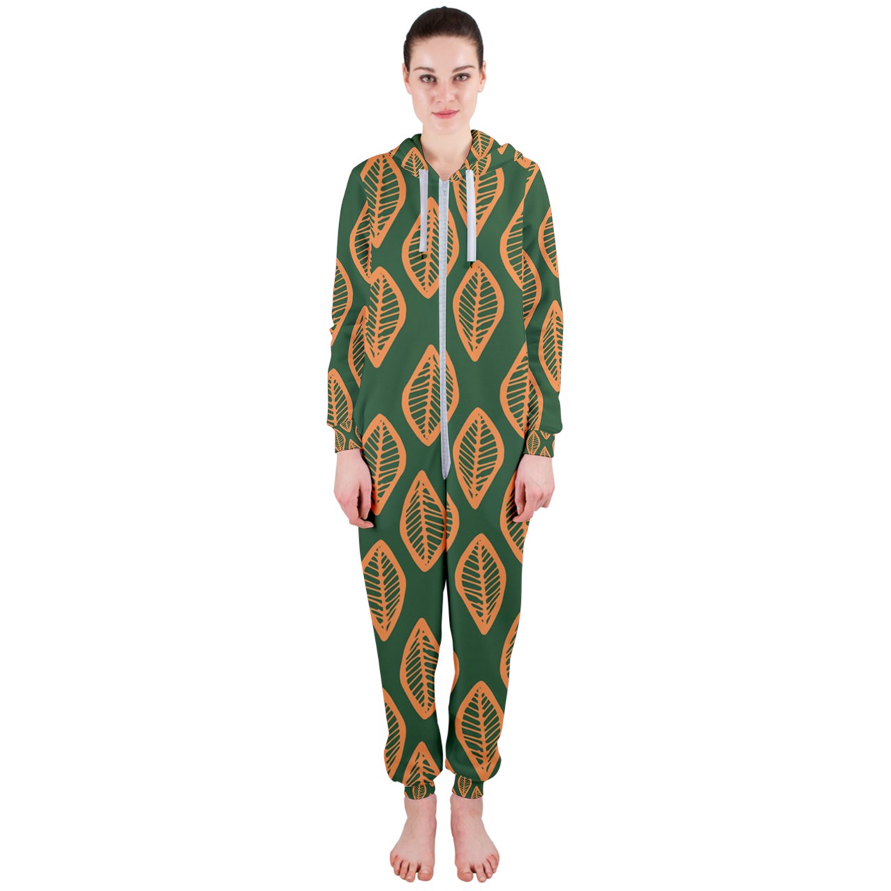 African | Ethnic | Mudcloth | #16 Green and Orange Hooded Jumpsuit (Ladies)