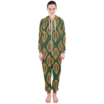 African | Ethnic | Mudcloth | #16 Green and Orange Hooded Jumpsuit (Ladies)