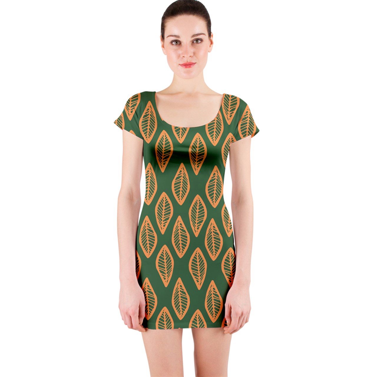 African | Ethnic | Mudcloth | #16 Green and Orange Short Sleeve Bodycon Dress