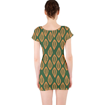 African | Ethnic | Mudcloth | #16 Green and Orange Short Sleeve Bodycon Dress