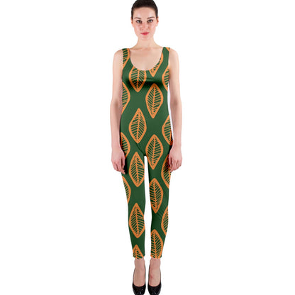 African | Ethnic | Mudcloth | #16 Green and Orange One Piece Catsuit