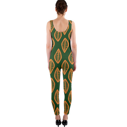 African | Ethnic | Mudcloth | #16 Green and Orange One Piece Catsuit