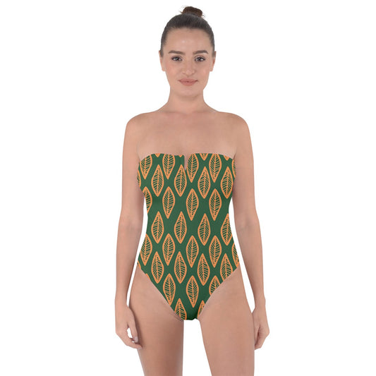 African | Ethnic | Mudcloth | #16 Green and Orange Tie Back One Piece Swimsuit