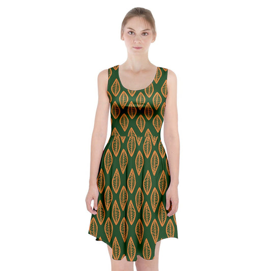 African | Ethnic | Mudcloth | #16 Green and Orange Racerback Midi Dress