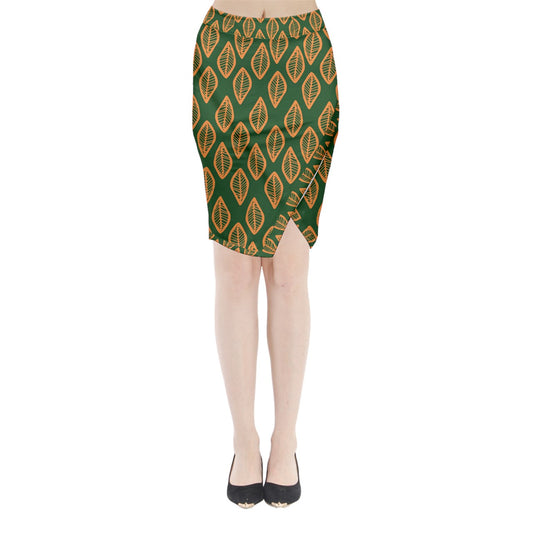 African | Ethnic | Mudcloth | #16 Green and Orange Midi Wrap Pencil Skirt