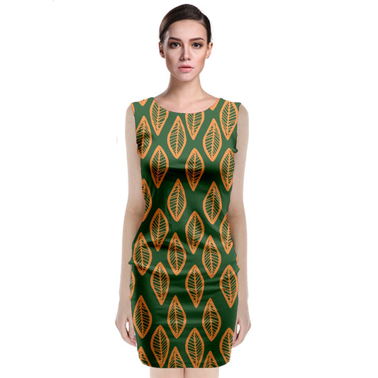 African | Ethnic | Mudcloth | #16 Green and Orange Sleeveless Velvet Midi Dress