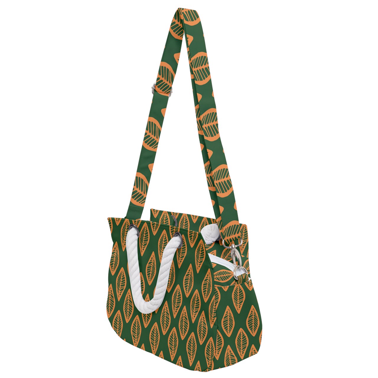 African | Ethnic | Mudcloth | #16 Green and Orange Rope Handles Shoulder Strap Bag