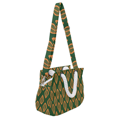 African | Ethnic | Mudcloth | #16 Green and Orange Rope Handles Shoulder Strap Bag