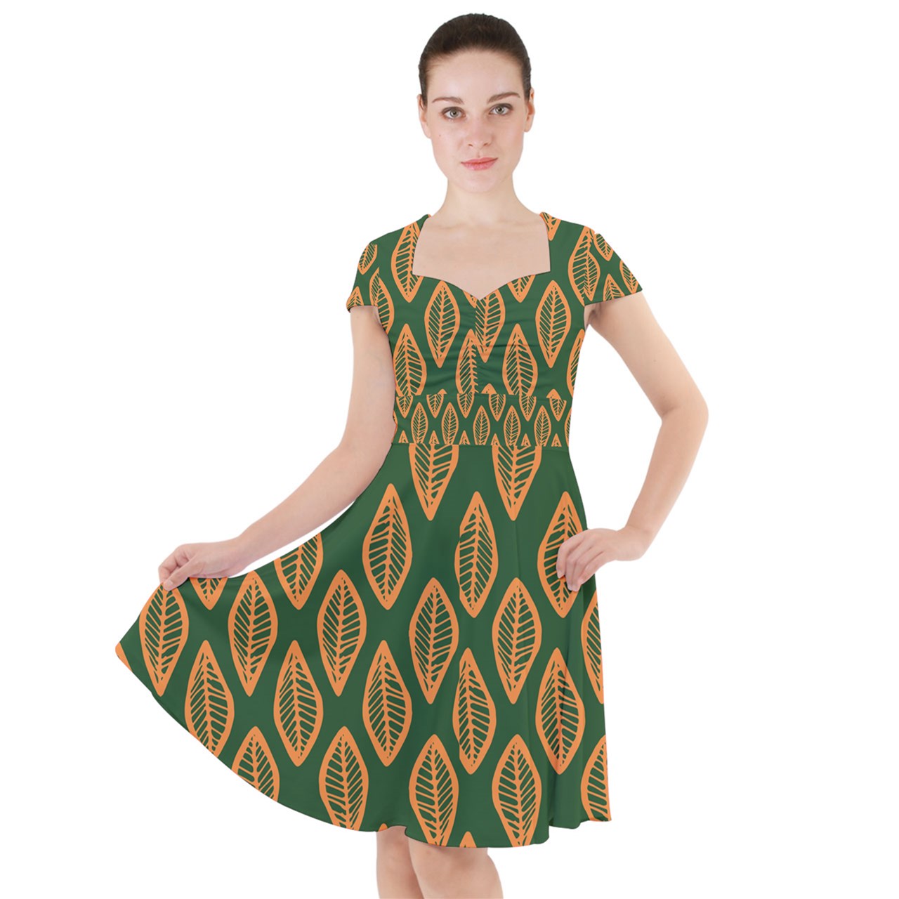 African | Ethnic | Mudcloth | #16 Green and Orange Cap Sleeve Midi Dress