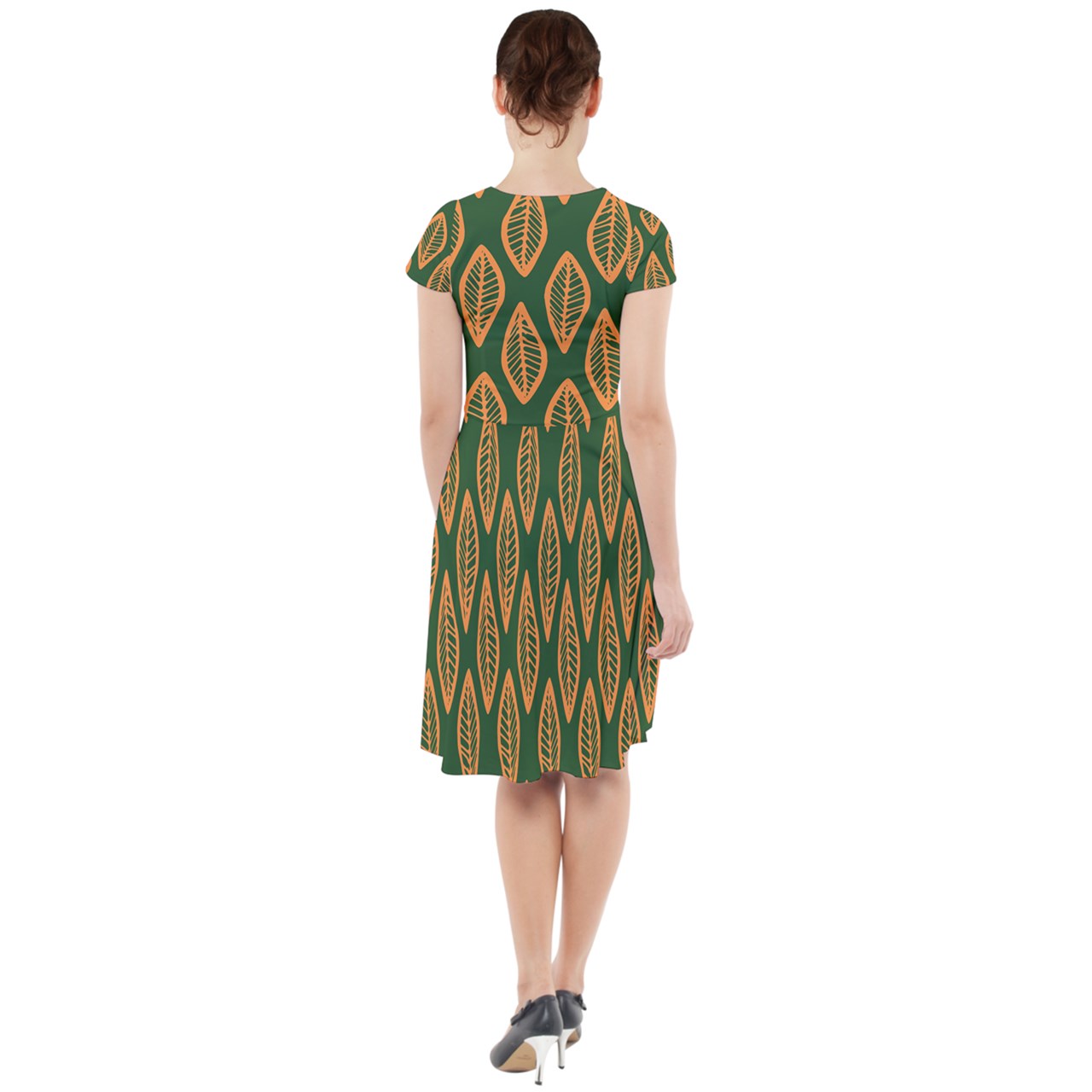 African | Ethnic | Mudcloth | #16 Green and Orange Cap Sleeve Midi Dress