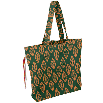 African | Ethnic | Mudcloth | #16 Green and Orange Drawstring Tote Bag