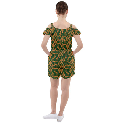 African | Ethnic | Mudcloth | #16 Green and Orange Ruffle Cut Out Chiffon Playsuit