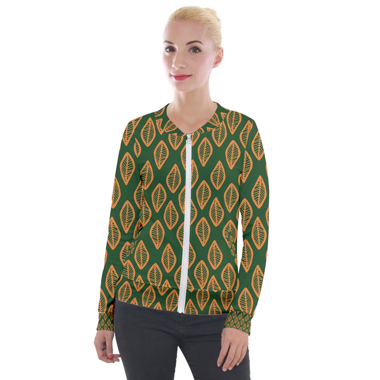 African | Ethnic | Mudcloth | #16 Green and Orange Women's Velvet Zip Up Jacket