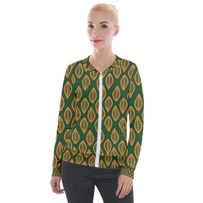 African | Ethnic | Mudcloth | #16 Green and Orange Women's Velvet Zip Up Jacket
