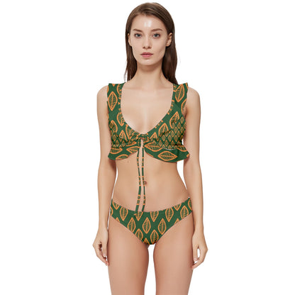 African | Ethnic | Mudcloth | #16 Green and Orange Low Cut Ruffle Edge Bikini Set