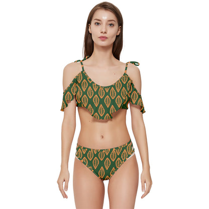 African | Ethnic | Mudcloth | #16 Green and Orange Ruffle Edge Tie Up Bikini Set