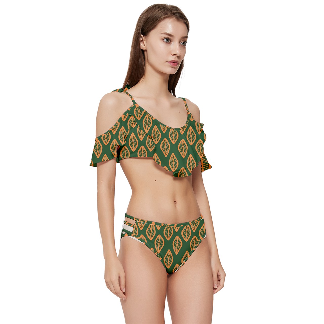 African | Ethnic | Mudcloth | #16 Green and Orange Ruffle Edge Tie Up Bikini Set