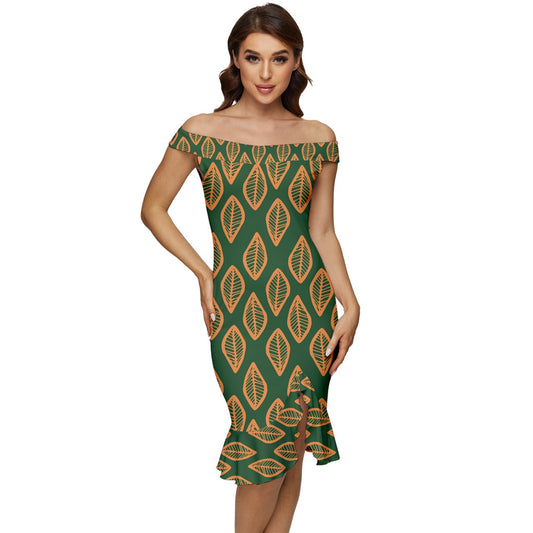 African | Ethnic | Mudcloth | #16 Green and Orange Off Shoulder Ruffle Split Hem Bodycon Dress