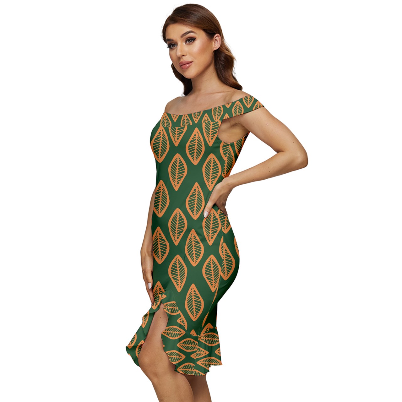 African | Ethnic | Mudcloth | #16 Green and Orange Off Shoulder Ruffle Split Hem Bodycon Dress