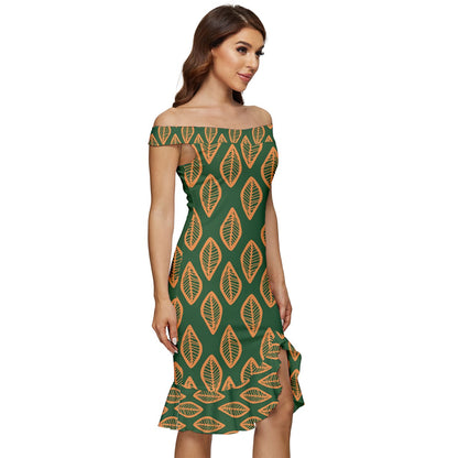 African | Ethnic | Mudcloth | #16 Green and Orange Off Shoulder Ruffle Split Hem Bodycon Dress