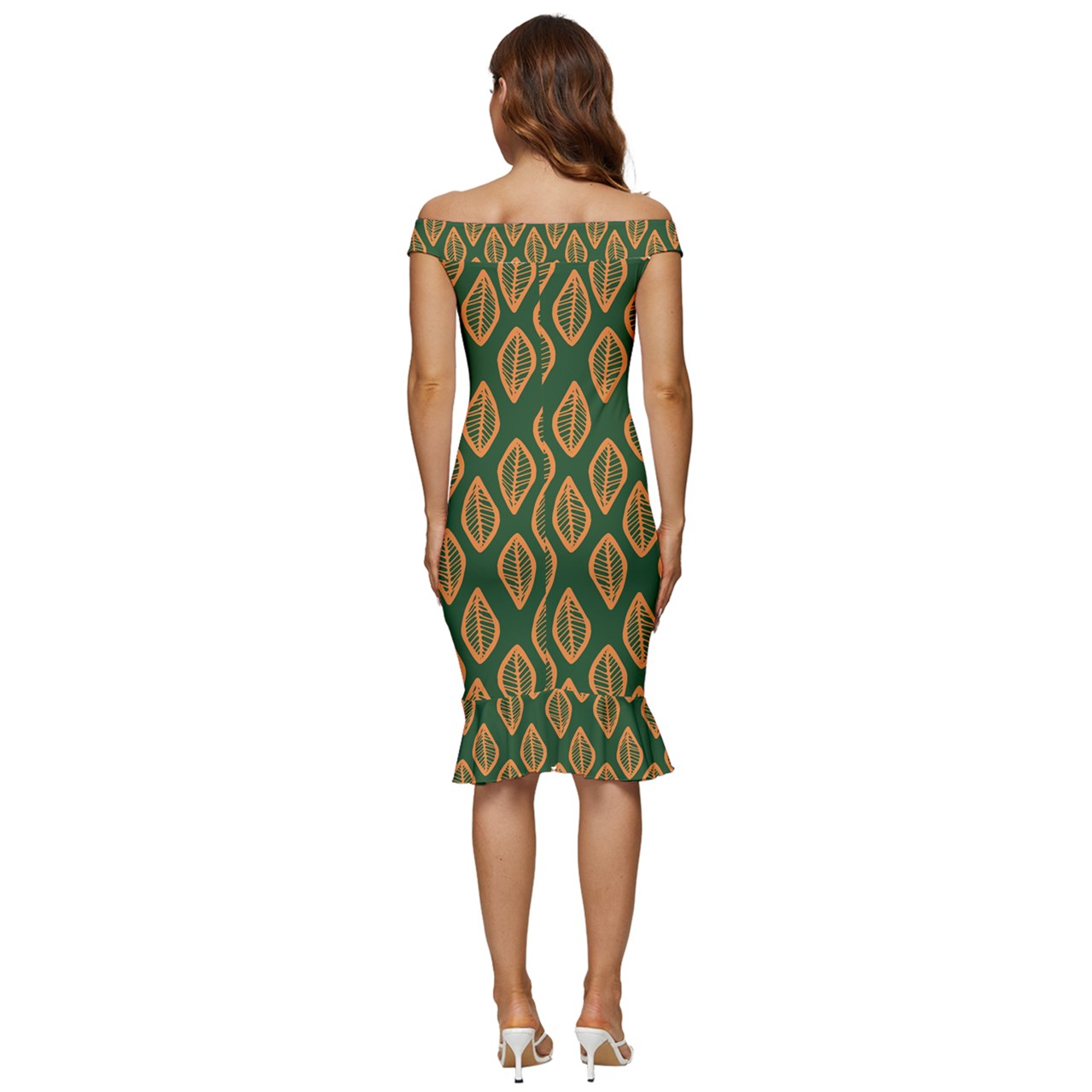 African | Ethnic | Mudcloth | #16 Green and Orange Off Shoulder Ruffle Split Hem Bodycon Dress