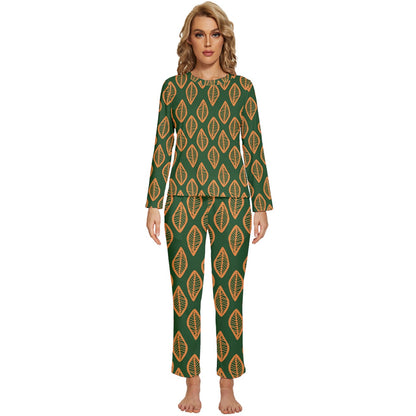 African | Ethnic | Mudcloth | #16 Green and Orange Womens' Long Sleeve Lightweight Pajamas Set