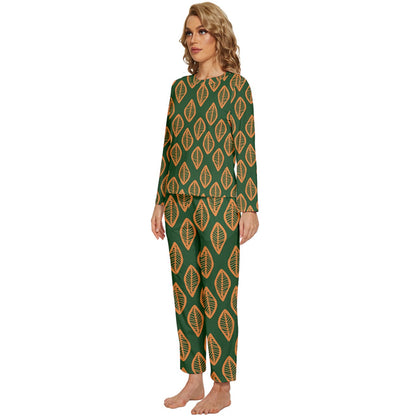 African | Ethnic | Mudcloth | #16 Green and Orange Womens' Long Sleeve Lightweight Pajamas Set