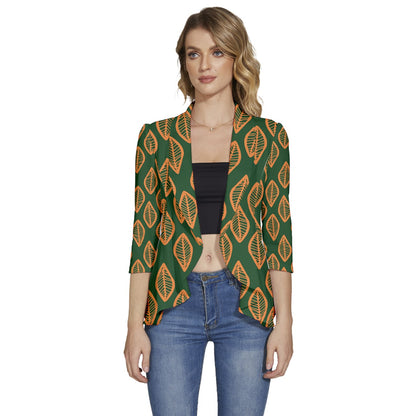 African | Ethnic | Mudcloth | #16 Green and Orange Women's 3/4 Sleeve Ruffle Edge Open Front Jacket