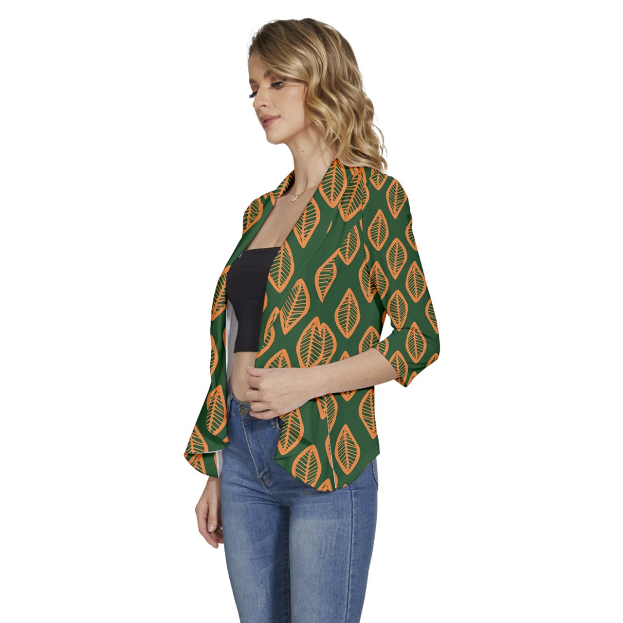 African | Ethnic | Mudcloth | #16 Green and Orange Women's 3/4 Sleeve Ruffle Edge Open Front Jacket