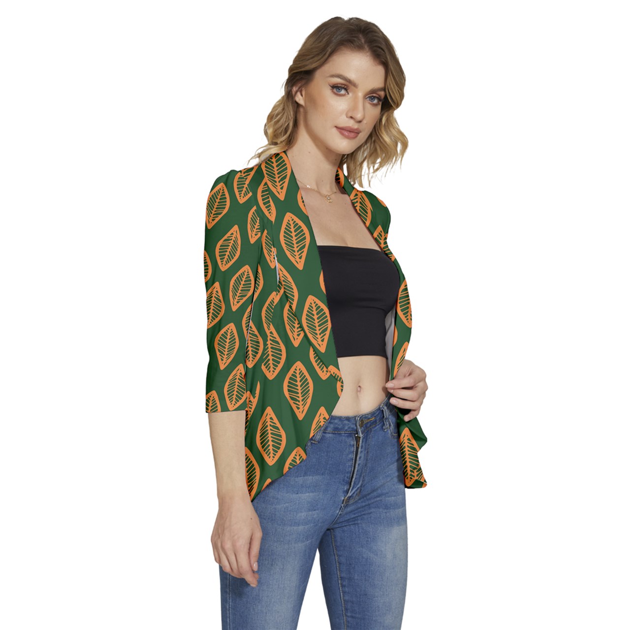 African | Ethnic | Mudcloth | #16 Green and Orange Women's 3/4 Sleeve Ruffle Edge Open Front Jacket