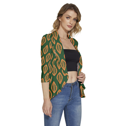 African | Ethnic | Mudcloth | #16 Green and Orange Women's 3/4 Sleeve Ruffle Edge Open Front Jacket