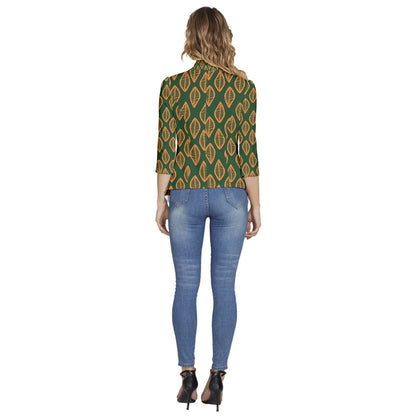 African | Ethnic | Mudcloth | #16 Green and Orange Women's 3/4 Sleeve Ruffle Edge Open Front Jacket