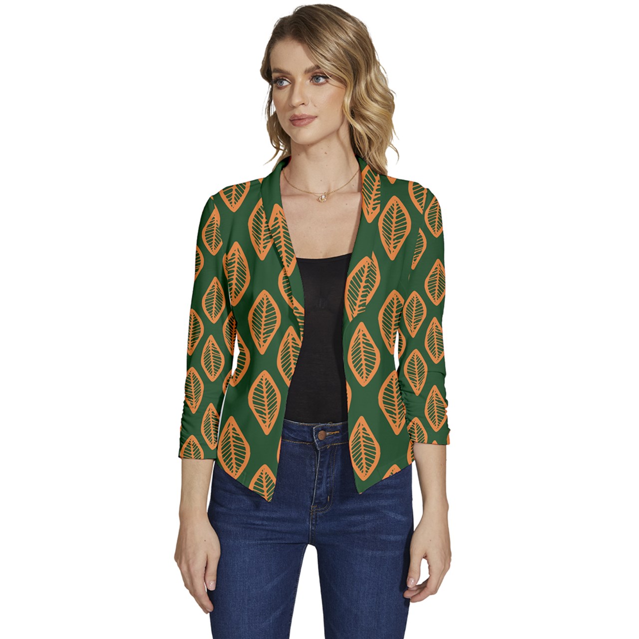 African | Ethnic | Mudcloth | #16 Green and Orange Women's Casual 3/4 Sleeve Spring Jacket