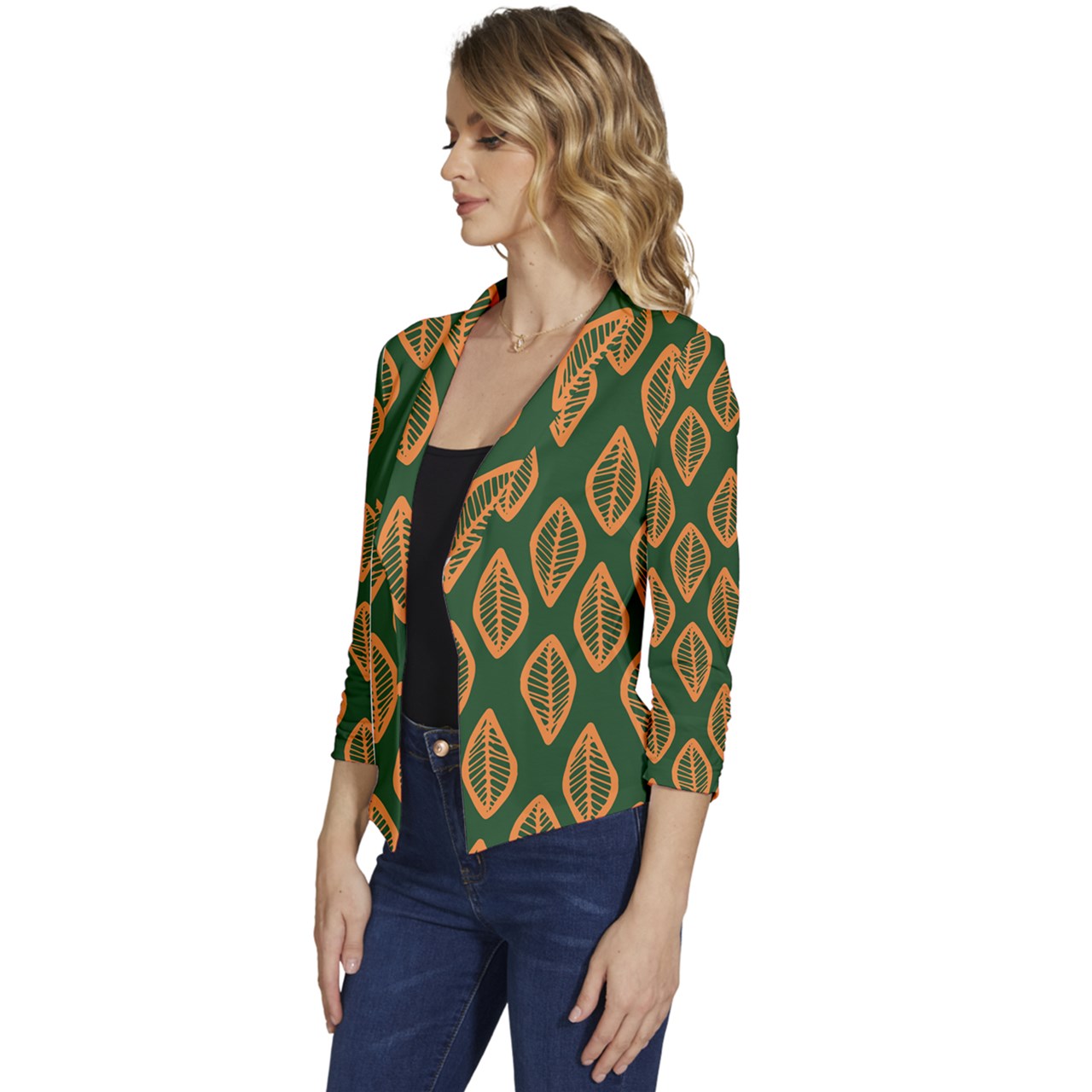 African | Ethnic | Mudcloth | #16 Green and Orange Women's Casual 3/4 Sleeve Spring Jacket