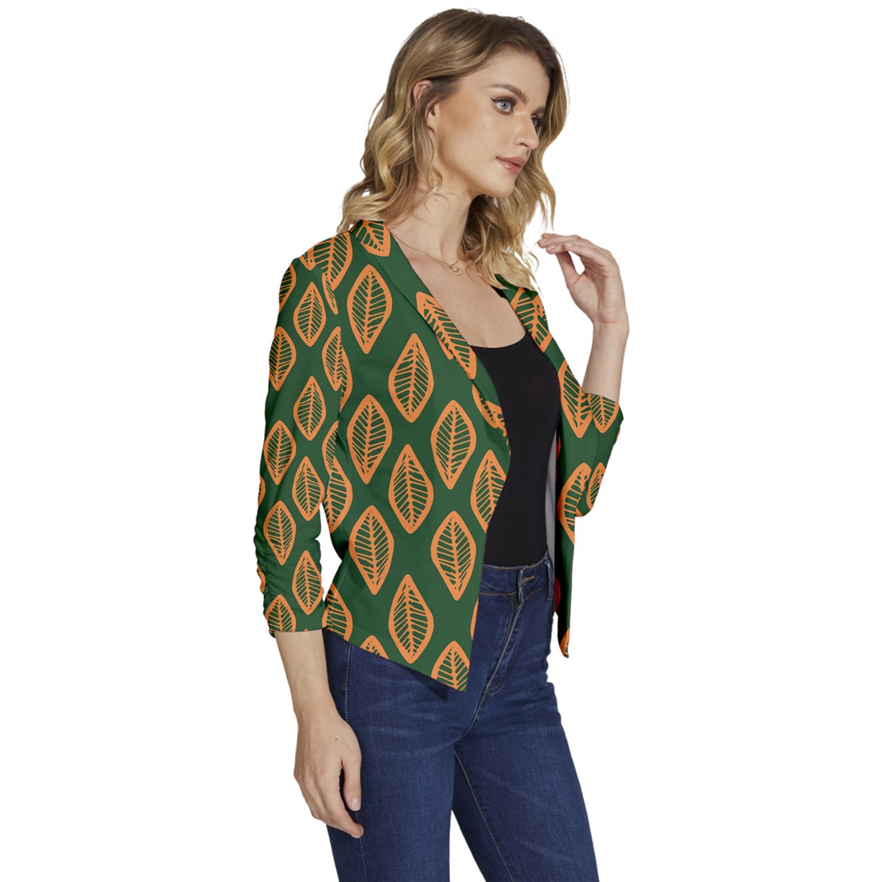 African | Ethnic | Mudcloth | #16 Green and Orange Women's Casual 3/4 Sleeve Spring Jacket