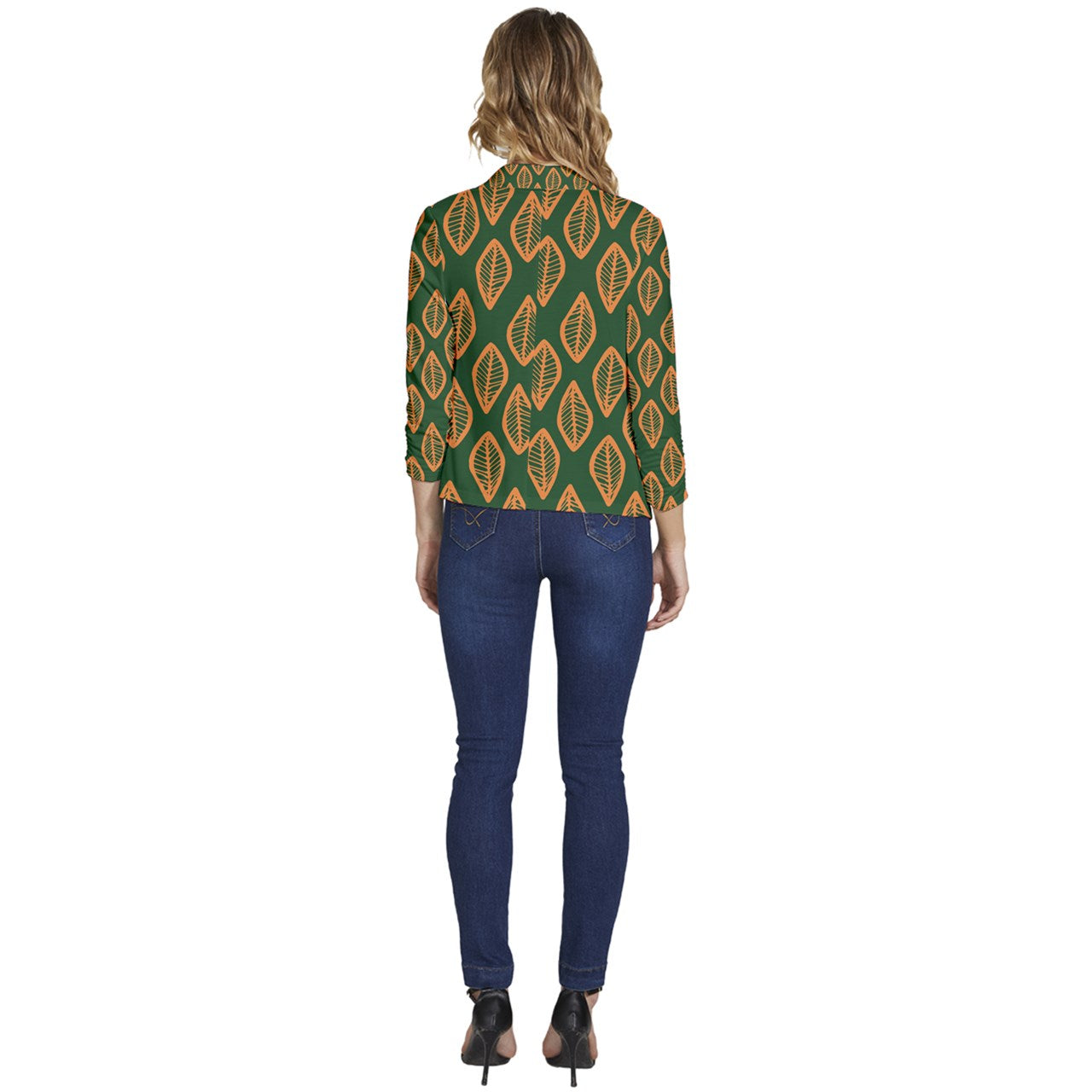 African | Ethnic | Mudcloth | #16 Green and Orange Women's Casual 3/4 Sleeve Spring Jacket