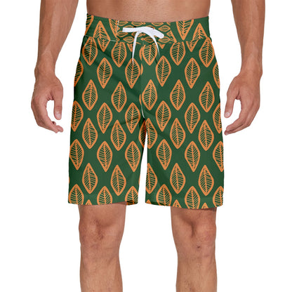 African | Ethnic | Mudcloth | #16 Green and Orange Men's Beach Shorts
